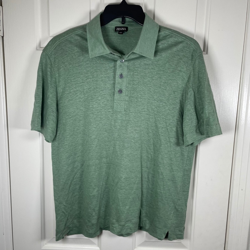 Zegna Mens 100% Linen Short Sleeve Polo Shirt Large 52 Sage Green Luxury EUC - Picture 2 of 8
